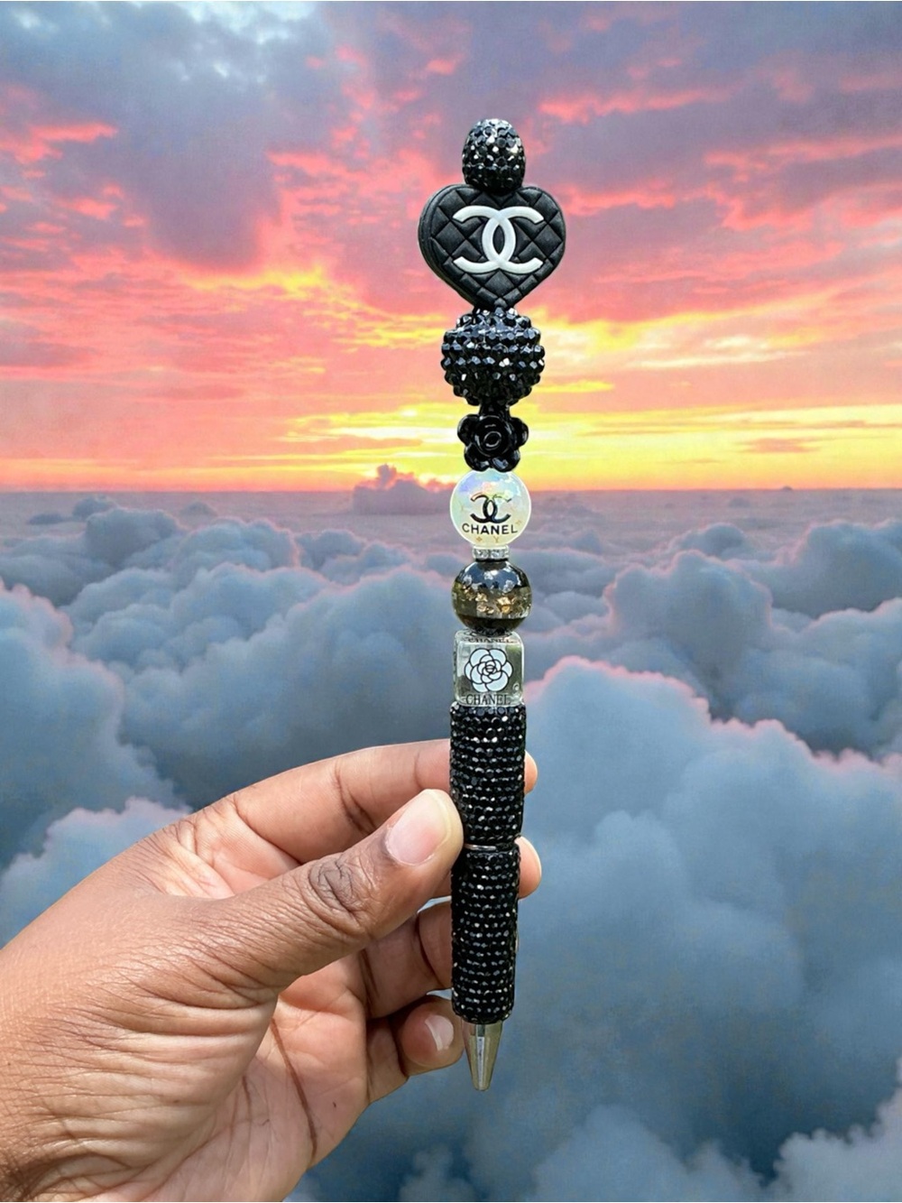 Handcrafted Fancy Black & White Beaded  Rhinestone Pen
